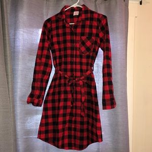Buffalo plaid button down dress with waist tie